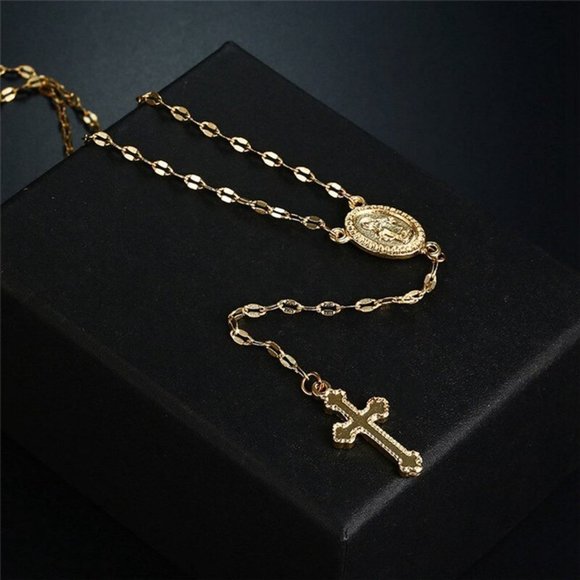 Rosary Rose Gold Cross Madonna Religious Catholic Christian Coin Necklace - Picture 8 of 10